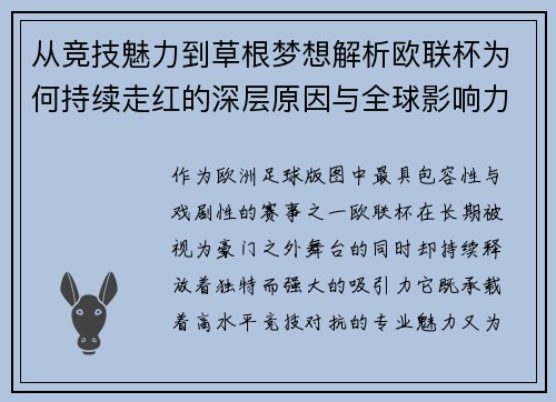 从竞技魅力到草根梦想解析欧联杯为何持续走红的深层原因与全球影响力